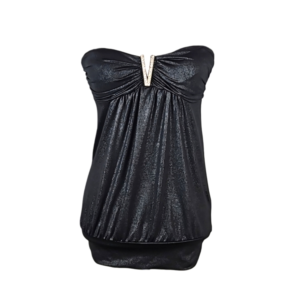 Vintage Y2K Forever 21 Strapless Party Top  Shimmer Black & Silver V-Hardware SP